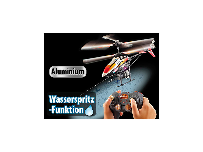 ; Hubschrauber mit Wasserspritze für Sommer, Sonne, Sonnentage, warmes Wetter, Abkühlung, Erfrischung 